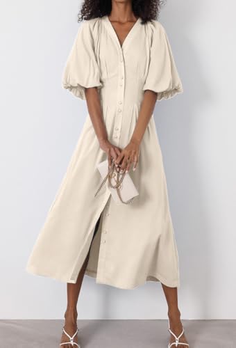 Image of chouyatou Women Summer Puff Sleeve Button Down Shirt Dress Flowy Elegant Business Casual Midi Long Dress