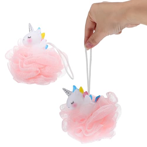 LIGHTAOTAO Esponjas exfoliantes de baño para niñas 2 unidades, bolas de baño con forma de unicornio, material PP y PE, suaves para limpieza y exfoliación, ideales para ducha infantil rosa
