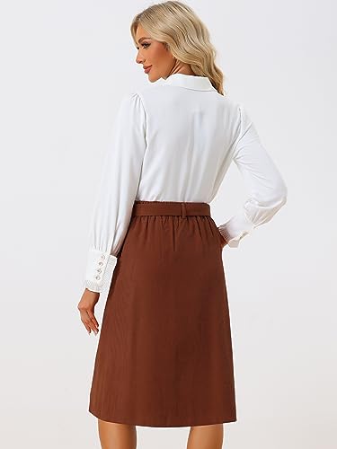 Allegra K Women's High Waist Elastic Back A-Line Belted Winter Fall Midi Corduroy Skirt4