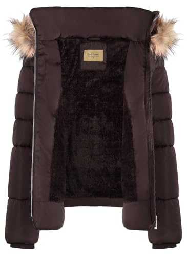 BodiLove Women's Puffer Jacket with Removable Faux Fur Hood and Zipper Brown S4