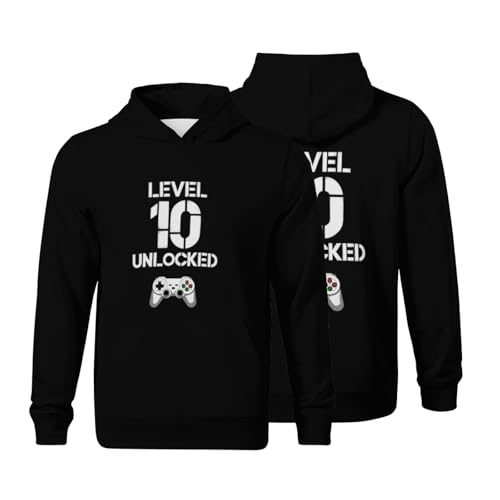 Kids Cool Level 10 Unlocked Funny Video Gamer 10th Birthday Gift Boys Girls Lightweight Kangaroo Pocket Fleece Hoodies