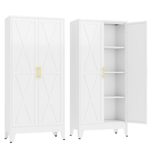Image of GAIOUS 61 inch Tall Kitchen Pantry Cabinet,Metal Storage Cabinet White Cupboard | Steel Office Cabinet, Freestanding Bookcase with 2 Doors and 3 Adjustable Shelves, Bathroom Kitchen Bedroom Garage Cabinet