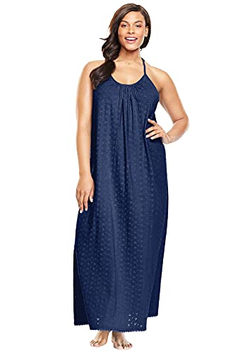 Dreams & Co. Women's Plus Size Breezy Eyelet Knit Long Nightgown - 22/24, Evening Blue Black #TOP25
