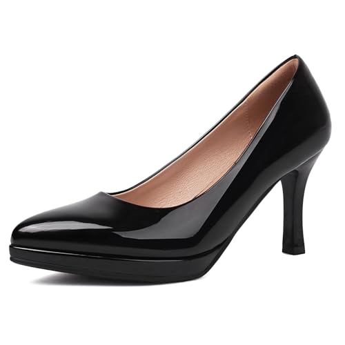 XIEDA Women's Pointed Toe Low Platform High Heels 3 Inch Patent Leather Pumps Classic Elegant for All Occasions