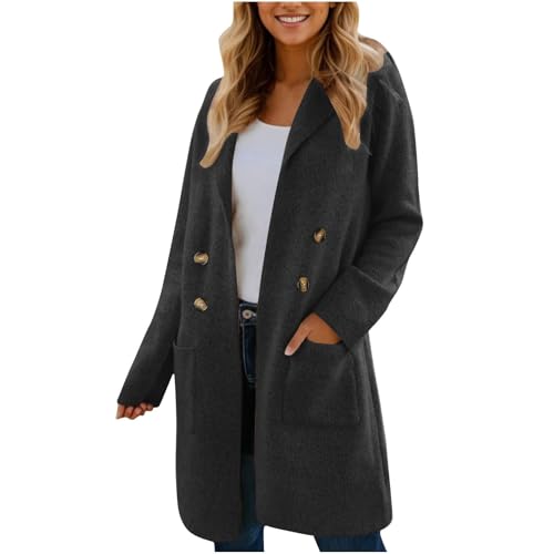 Wintermantel Damen Lang Elegant Wollmantel Locker Trenchcoat Mit Knöpfen Wintermantel Winddicht Doppelreihiger Trenchcoat Revers Jacke Übergangsjacke Frauen Langarm Winter...