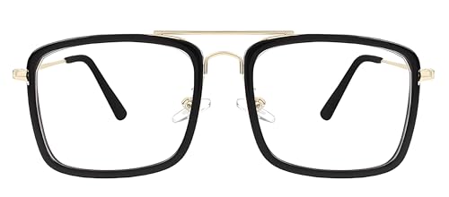 Image of Roshfort Men Women Square Eyewear Spectacles Frame Transparent Lens Light Weight Alloy Metal Eyeglass (C-4, Gold-Black)