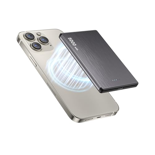 Magnetic Wireless Power Bank, 0.3' Ultra Slim PD 20W Portable Phone Charger Fast Charging, 5000mAh Battery Pack with USB C Cable, Powerbank for iPhone 16 Pro Max 16 Pro/17/16/15/14/13/12 Samsung