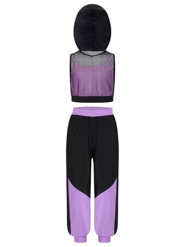 Kids Girls Sports Outfit Color Block Hoodie Mesh Vest With Builtin Top And Elastic Pants Set3