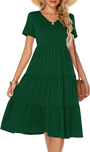 Image of Berydress Women's Casual Summer Tiered Midi Dress 2026 V Neck Boho Sundress | Short Sleeve Dresses for Women, Loose Ruffle Babydoll Style, Cotton Blend Fabric, for Church, Going Out, Beach Vacation