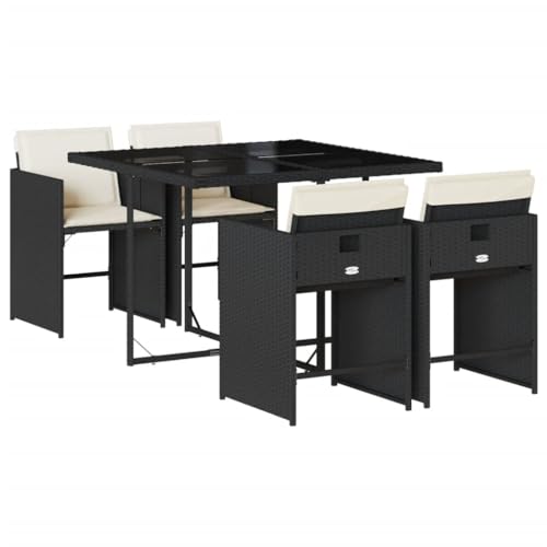 Image of 4-Piece Patio Dining Set in Black and Cream White with Removable Cushions, Foldable Chairs, Weather-Resistant Poly Rattan for Outdoor Meals and Relaxation on Balcony Terrace