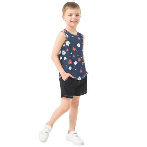 JUNZAN Retro Colorful Flowers Navy Blue Tank Tops for Children Sleeveless Kids Vest Outdoor Tshirts for Swim Beach 3T4