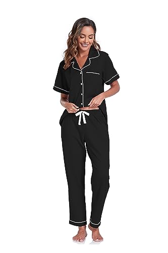 Image of COLORFULLEAF Women's 100% Cotton Pajamas Set Button Down Sleepwear Short Sleeve Shirt and Long Pants Soft Ladies Lounge Sets
