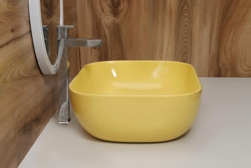 MAHISRE Ceramic Countertop Wash Basin | Designer Table Top Bathroom Basin Sink | Vessel Sink Wash Basin Over Counter for Bathroom, Hotel, Home Living Room (18x13x5.5 Inch) (Glossy Yellow)