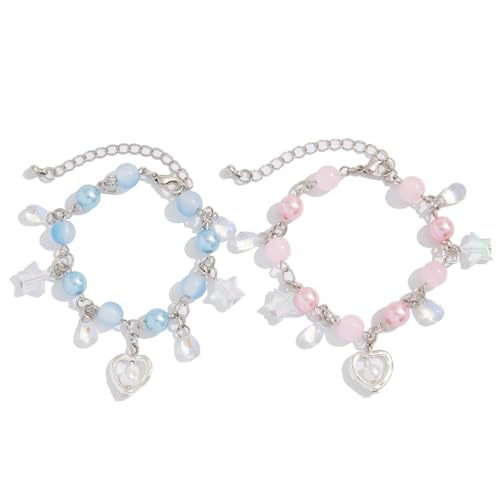 Y2K 2Pcs Aesthetic Star Heart Imitation Pearl Beaded Adjustable Bracelet Set Grunge Punk Cool Couple Friendship Matching Vintage Accessories Kawaii Jewelry for Women-set 4