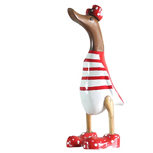 ART-CRAFT Canard en bois - Décoration de jardin - Racine de bambou et teck - Rouge - Peint à la main - 25 cm de haut