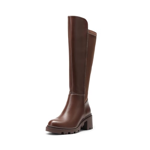 DREAM PAIRS Women's Knee High Boots, Comfortable Platform Round Toe Stretch Boots for Women,Size 8.5,Light Brown,SDKB2310W