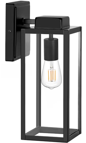 Large Size Outdoor Wall Lights,16 Inch Outdoor Wall Lantern, Waterproof Exterior Wall Sconce, Anti-Rust Wall Mounted Lighting with Glass Shade, Matte Black Lamp with E26 Socket for Porch, Front Door
