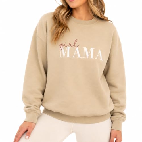 ONE LIFE DESIGN Girl Mama Embroidered Sweatshirt for Women Cute Mom Crewneck Pullover Gift for Girl Mom Mothers Day New Mom Outfit (US Alpha Small Regular Regular)
