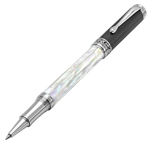 Xezo Bolígrafo roller Maestro hecho a mano, punta fina. Madreperla blanca iridiscente de origen oceánico con carbono similar al diamante PVD. Numerado, cada bolígrafo es único