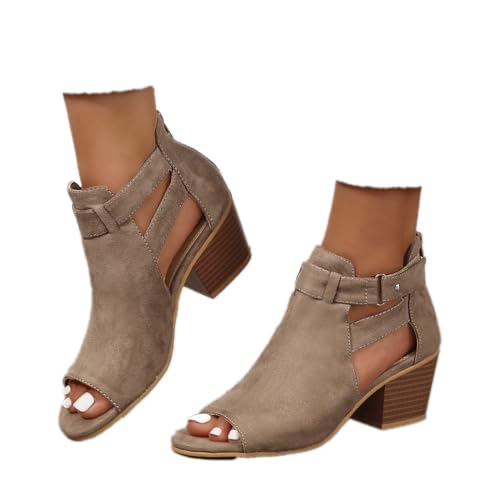 ZBYY Womens Peep Toe Ankle Booties Chunky Heels Cutout Back Zipper Sandals Suede Side Ankle Strap Dress Sandals