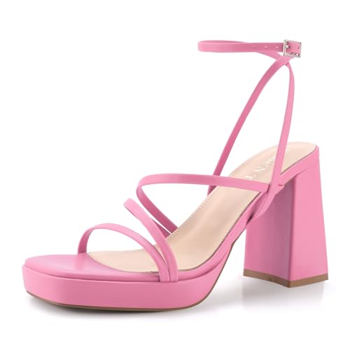 Image of Shoe'N Tale Platform Heels for Women Strappy Block Chunky Heels Square Toe Ankle Buckle Sandals