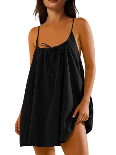Womens Beach Coverup Swimwear Spaghetti Strap Summer Dress Backless Tie Back Mini Beach Dress with Pockets