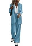 PRETTYGARDEN Womens Fall Two Piece Suit Sets Blazer Jacket and Wide Leg Pants Pockets Business Casual Outfits (Lake Blue,Large)