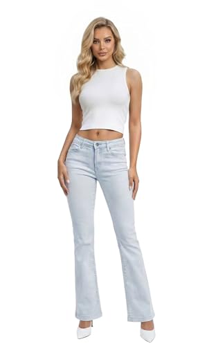 Hybrid & Company Women's Flare Mid Rise Jeans Trendy Stretchy Denim Pants with Pockets P45010FL ICEDWASH 9
