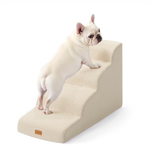 Image of Gardner Pet Dog Stairs for Small Dogs 19.7 inch H, 4-Step Beige Curved Pet Stairs, Dog Steps for High Bed (18-24 in), Couch with Durable Non-Slip Waterproof Fabric Cover and CertiPUR-US Certified Foam
