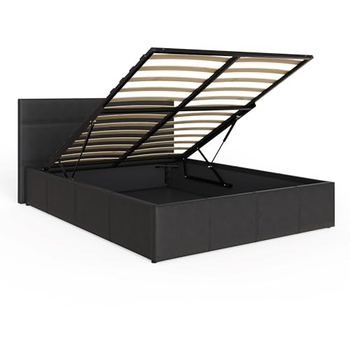 GFW Classic Leather Upholstered Ottoman Storage Bed With Gas End Lift & Under Bed Storage, Double, Black