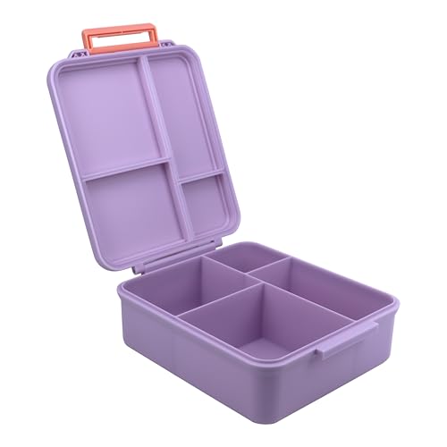 Image of Bento Mega Lunch Box, carrying handle - 4 No-Mix Compartments | Microwave & Dishwasher Safe | for Adult, Preschool, School 1600ML, OZ (Purple Light ClevaMingoo Friend)