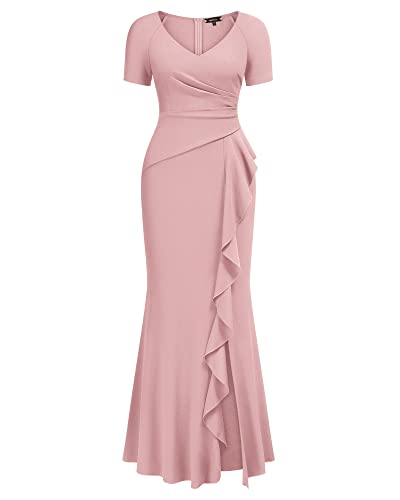 Image of Miusol Women's Deep V-Neck Ruffle Split Evening Prom Long Dress