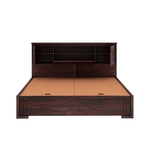 Image of Ganpati Arts Maharaja Groove Solid Sheesham Wood Queen Size Bed with Box & Headboard Storage | Wooden Double Bed Cot Palang for Bedroom, Living Room & Home (Walnut Finish)