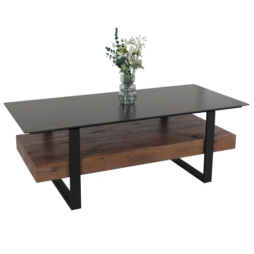 Mendler Couchtisch HWC-L88, Wohnzimmertisch Tisch, Ablage Eisen 43x120x60cm Sinterstein Marmor-Optik schwarz Holz Dunkelbraun