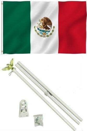 AES 3x5 Mexico Mexican Flag w/ 6' Ft White Flagpole Kit Fade Resistant Double Stitched Premium Penant House Banner Grommets