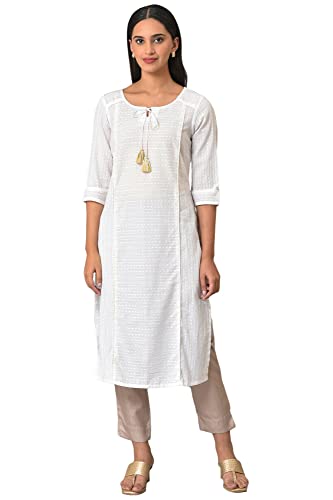 Image of Aurelia Women's Cotton Regular Fit Solid Regular Panelled Round Neck Kurta