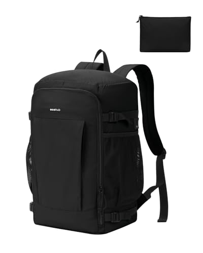 ECOHUB für Ryanair Handgepäck Rucksack 40x30x20 Leicht & Reißfest Kabinenrucksack für Herren auf Flugreisen 2-in-1 Faltbar Flugrucksack mit Mini Tasche 24L PET-Recycelt Travel Backpack(Schwarz)
