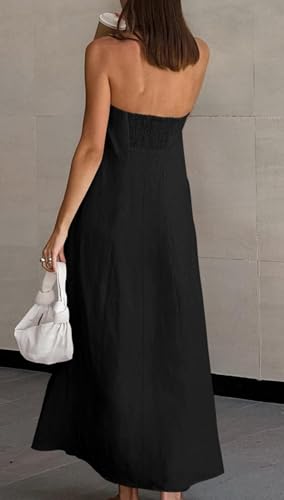 Image of Aesthetic Summer Solid Color Strapless Linen Dress Backless Sleeveless Casual Party Beach Going Out Dresses for Women