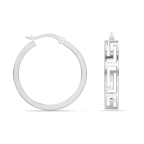 LeCalla 925 Sterling Silver Greek Key Hoop Earrings Lightweight Click-Top Greek Wall Cut-Out Pattern Earring Hoops for Women 5