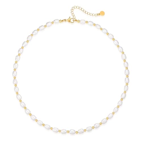 5-6mm Real Freshwater Rice Pearl Choker Necklace for Women 14K Gold and Pearl Beaded Necklace Cultured Dainty Oval White Pearl Necklace for Layering Elegant Costume Jewelry Daily Wear 16''+2'' Adjustable