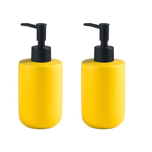 2 Pcs Hand Soap Dispenser Bathroom,Modern Ceramics Dish Soap Dispenser with Pump Refillable Liquid Soap Bottles,12 oz Matt Color Kitchen and Bathroom Lotion Soap (Yellow)