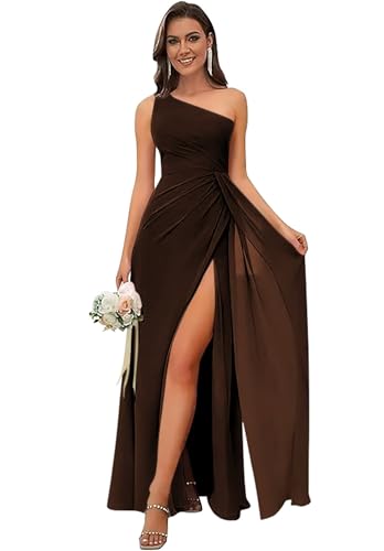 One Shoulder Bridesmaid Dresses for Women Chiffon A Line Ruched Long Evening Formal Dress with Slit LA013