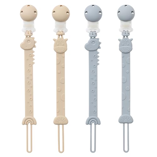 Image of YIVEKO Pacifier Clips for Baby Boys Girls, One-Piece Silicone Pacifier Holder Strap 4 Pack, Binky Paci Clips Animal Rainbow Design, Lightweight Break-Resistant, Dishwasher Safe-Ivory+Baby Blue