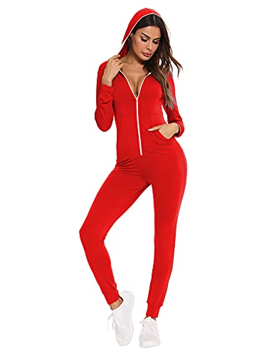 Swomog Womens Pajamas Jumpsuits Zip-Up Hoodie Union Jumpsuit Romper Sexy Onesies Long Sleeve Bodysuits One Piece Sleepwear Red #TOP2
