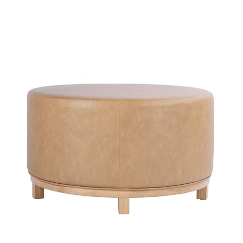Image of HomePop 32 inch Haven Ottoman with Wood Base - Sand Faux Leather