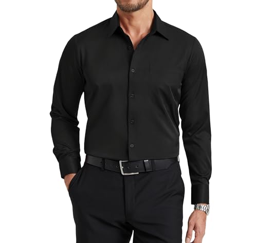 Enlision Camicia Nera Uomo Maniche Lunghe Elasticizzata Non Stiro Antipiega Taglio Regolare con Bottoni e Tasca per Ufficio Cerimonia Funerale L