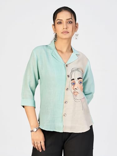 Image of Makhhi Wear Trendy Women's Sea Green & Beige Sketch Embroidered Casual Shirt for Women