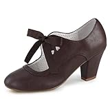Women's Vintage Shoes Mary Jane Pumps Chunky Block Shoes Heart Hollow Adorable Unique Round Toe Design with Lace Up