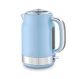 Swan Retro 1.7L Jug Kettle, Rapid Boil, Removable Limescale Filter, Easy Pour, 360 Degree Base, Water Indicator Window and Boil Dry Protection, 3KW, Blue and Stainless Steel, SK19025BLU