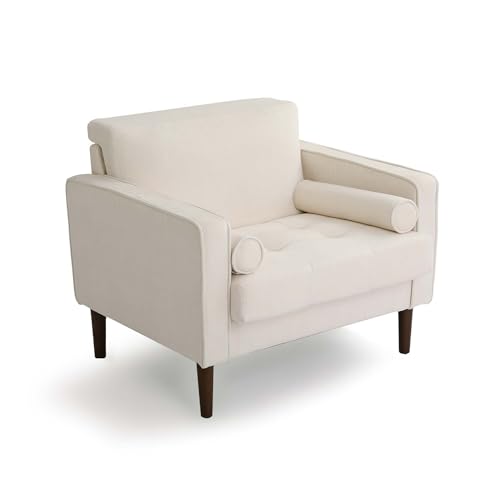 Image of Accent Chairs Stet of 2, Chenille Upholstered Armchairs for Living Room, Comfy Single Sofa Bedroom Reading Seat with 2 Bolster Pillows, Beige